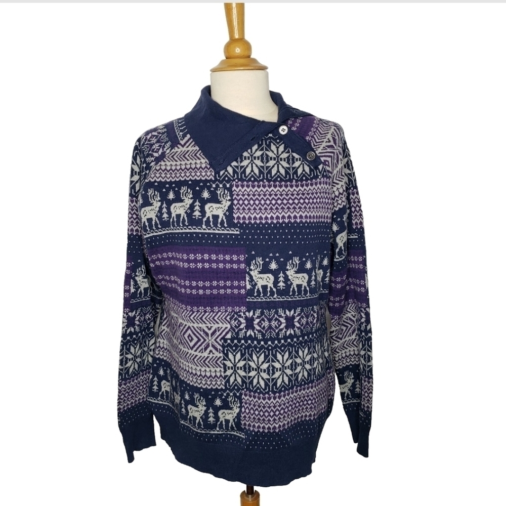 Woolrich Nordic Scandinavian Fair Isle Asymmetrical Button Neck Sweater M